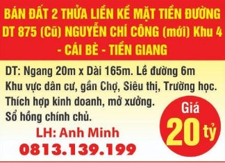 Bán đất 2 thửa liền kề mặt tiền Nguyễn Chí Công, Cái Bè, Tiền Giang